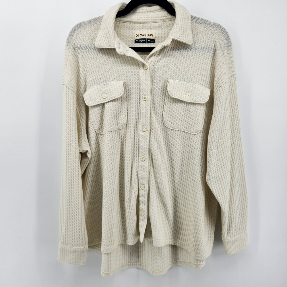 Magellan Outdoors Womens XS Boyfriend Fit Waffle Knit Button Front Shirt White‎